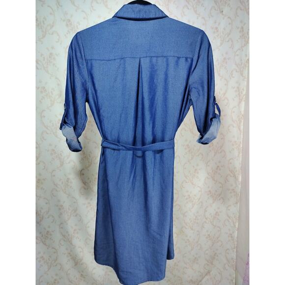 Mlle Gabrielle Lightweight Denim Look Dress Zip Front Tie Waist, Size S - Picture 16 of 16